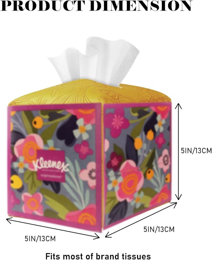 PARIERIS Square Tissue Cube Cover PU Leather Tissue Organizer with Bottom Belt for Bathroom, Tabletop, Kitchen, Night Stands, Office, Home, Car (RetroYellow)