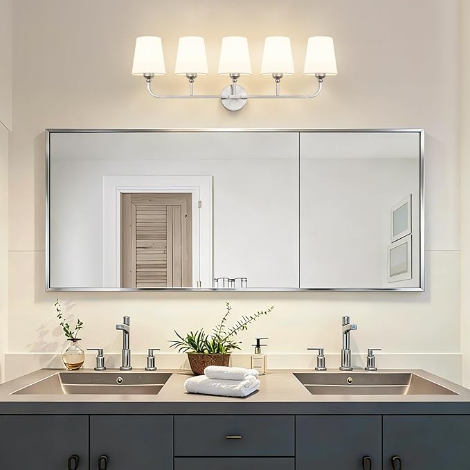 Bathroom Vanity Light, Brushed Nickel Bathroom Light Fixtures, 5-Light Lighting Fixtures Over Mirror, Modern Wall Sconce with Flared White Fabric Shade, E26 Socket(ETL Listed)