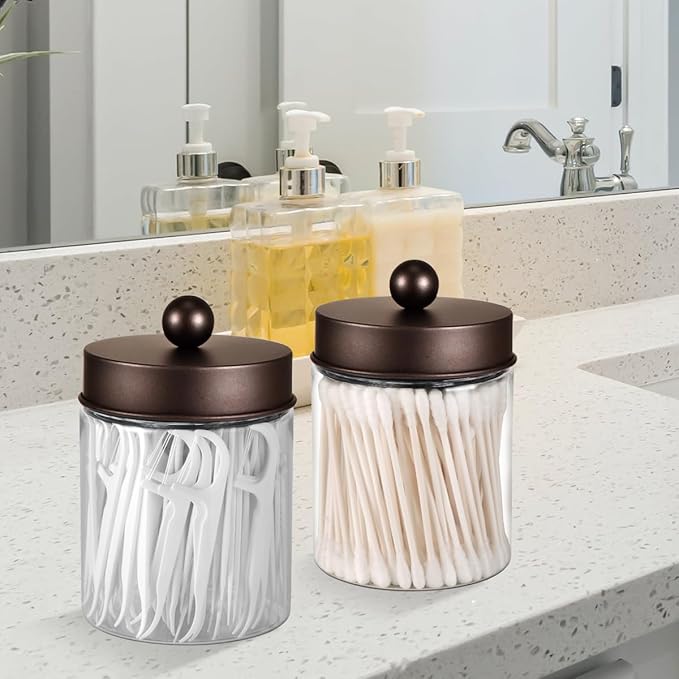 3PC Farmhouse Decor Qtip Holder Apothecary Jars Bathroom Vanity Storage Organizer -Countertop Canister Container &Cute Stickers for Cotton Swab, Ball,Pad,Floss ,Paper Clips (Bronze,Plastic)
