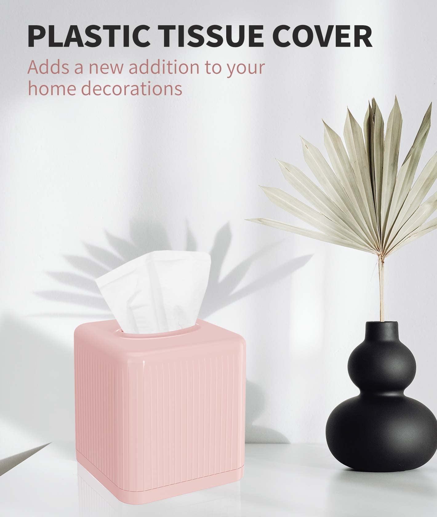 Livelab Tissue Box Cover with Base - Square Plastic Holder, Decorative Case, Modern Facial Paper Dispenser for Bathroom, Vanity Countertops, Night Stands, Desk - Pink
