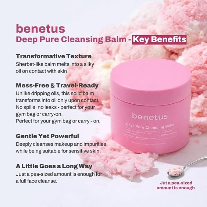 benetus Deep Pure Cleansing Balm, Makeup Remover Balm, Melting Balm for Waterproof Mascara, Sunscreen & Long-Wear Makeup, CICA, Green Tea, Argan Oil & Vitamin E, Non-Stripping, Pore Care, 3.5 fl oz