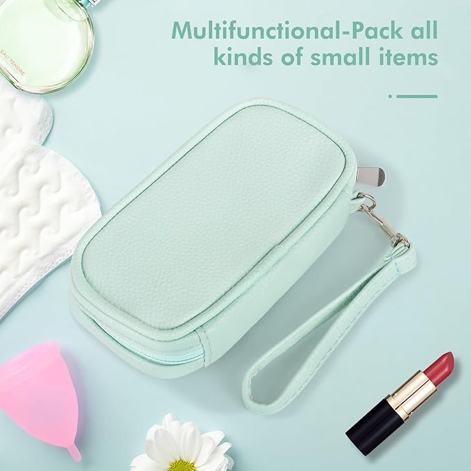 Teircno Portable Tampon Organizer - Beige PU Pouch with Handle, Small Case for Feminine Products, Zipper Period Bag for Women's Purse
