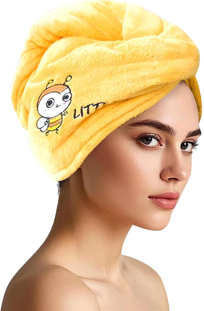 Microfiber Hair Drying Towel Wrap for Women, Hair Turbans Towel for Wet Hair,turbie Twist Hair Towels(The Color of the Picture is for Reference only) (Yellow with bee)