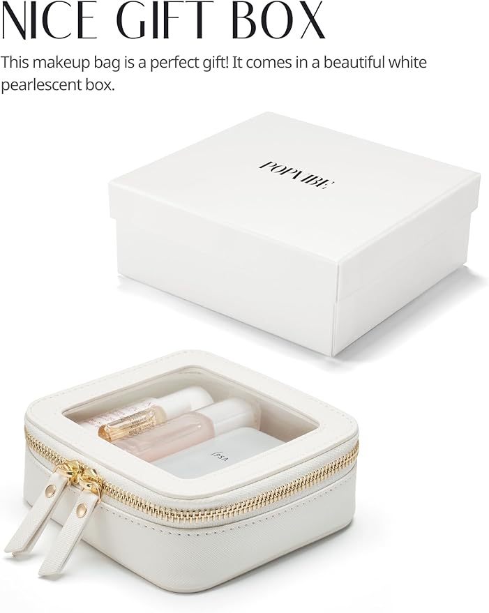 Small Cosmetic Bag for Purse Mini Makeup Bag for School Cute Clear Make Up Pouch for Travel Tiny Leather White Make Up Organizer Case for Backpack Toiletry Bag Waterproof Square Pouch with Zipper
