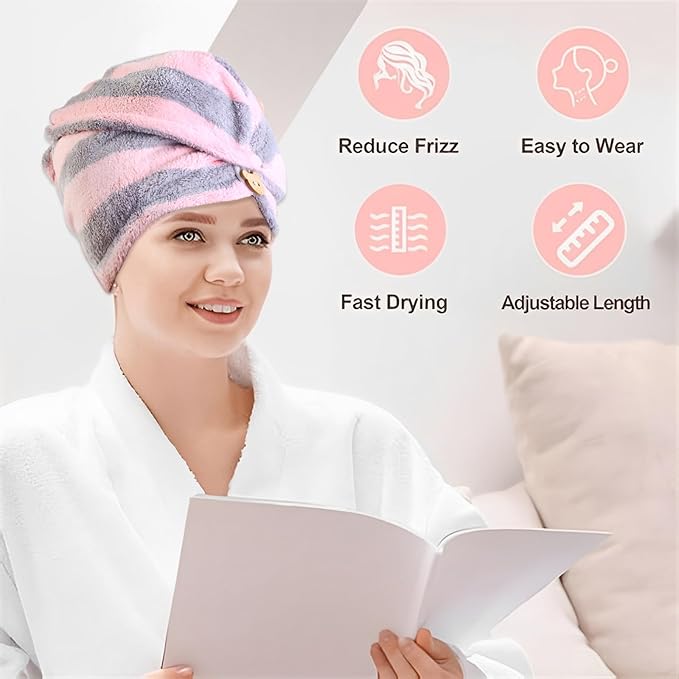 3 Pack Microfiber Hair Towel Wrap for Women, Fast Drying Hair Turban with Button, Anti-Frizz Large Hair Towel for All Hair Styles, Soft & Absorbent Hair Drying Towel