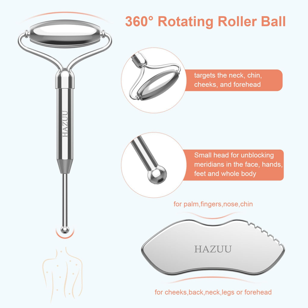 HAZUU Stainless Steel Gua Sha Face Rollers&Acupuncture Pen - Metal Roller for Eyes & Neck, Anti-Aging Facial Massage Tools, Gua Sha Facial Tool Kit (JGS-2)