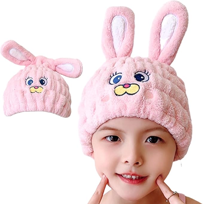 LCBD Microfiber Hair Towel Wrap for Kids, Pink Rabbit Dry Hair Cap Suck Water, Absorbent Quick Girls Boys Hair Drying Towel, Lightweight Bouncy Hat Headscarf for Wet Hair