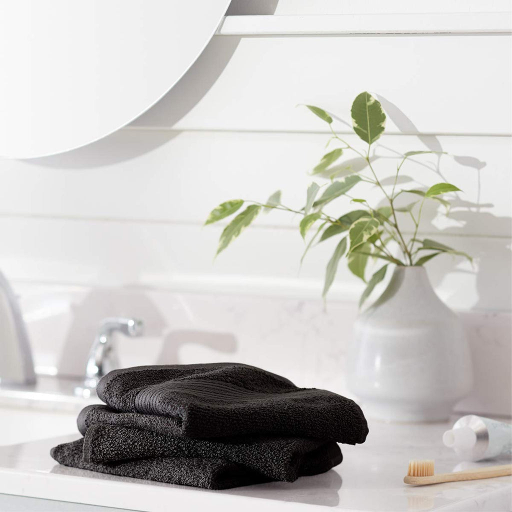 Amazon Basics Highly Absorbent Cotton Washcloths for Face, Soft, Machine Washable, Fade Resistant, 12 x 12 in, Black, 12-Pack