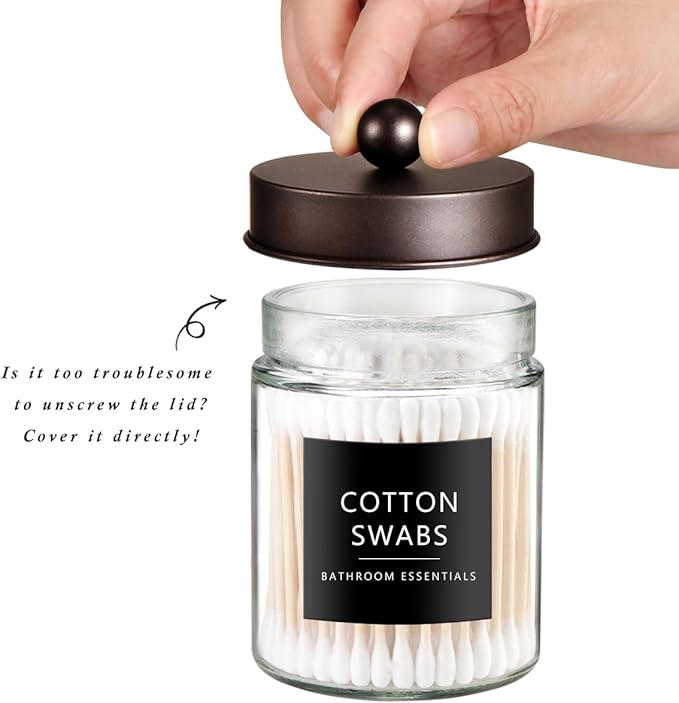 SheeChung Qtip Dispenser Holder 2pcs, Glass Apothecary Jars with Stainless Steel Lids &Stickers, Countertop Canister Guest Bathroom Storage Organizer Set for Cotton Swabs/Balls, Floss Picks(Bronze)