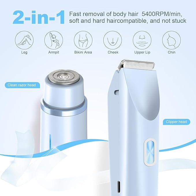 Electric Shaver for Women, 2-in-1 Electric Razor for Womens Legs Underarm Face Pubic Hairs, Rechargeable Razor Body Hair Trimmer Wet & Dry Use,Light Blue