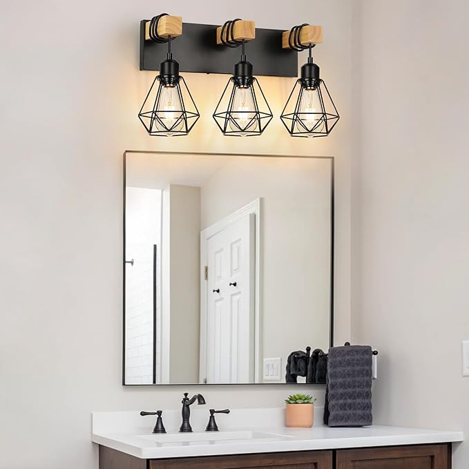 3-Light Farmhouse Vanity Light, Industrial Wood Bathroom Light Fixtures Over Mirror, Metal Lampshade for Bathroom, Hallway, Living Room