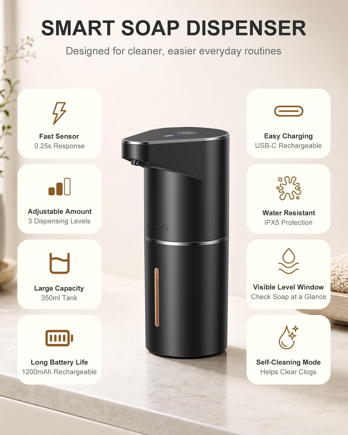 Fantictas Automatic Foaming Soap Dispenser Touchless, 3-Level Adjustable