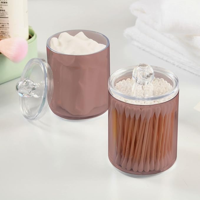 Rosy Brown Qtip Holder Organizer Dispenser Cotton Swabs Cans Plastic Jars with Lid Set 4 Pack Bathroom Storage Canister for Cotton Ball Floss Cotton Pads