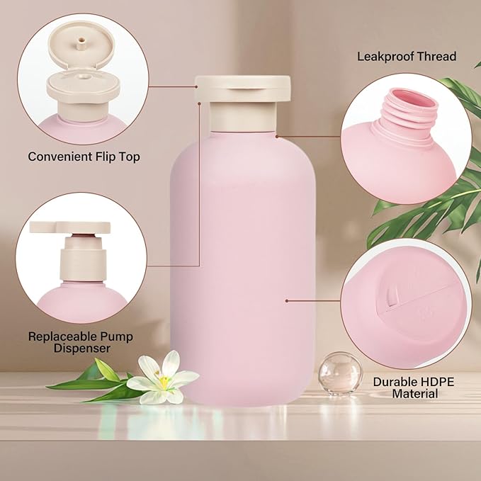 ShanySheny 6.8oz Refillable Shampoo and Conditioner Bottles, 2PCS Squeezable Travel Shampoo Bottles with Flip Cap and 2PCS Pump Dispenser and Labels