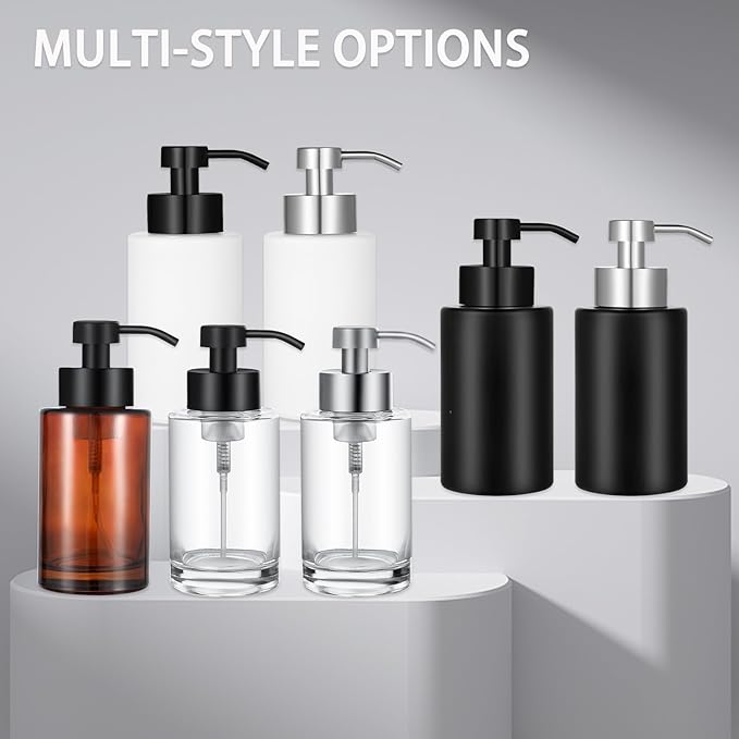 Foaming Soap Dispenser Set, 12 Oz Glass Hand Soap Dispenser with 304 Rust Proof Stainless Steel Pump, Waterproof Labels, for Bathroom Decor Kitchen College Dorm, Clear Silver Pump