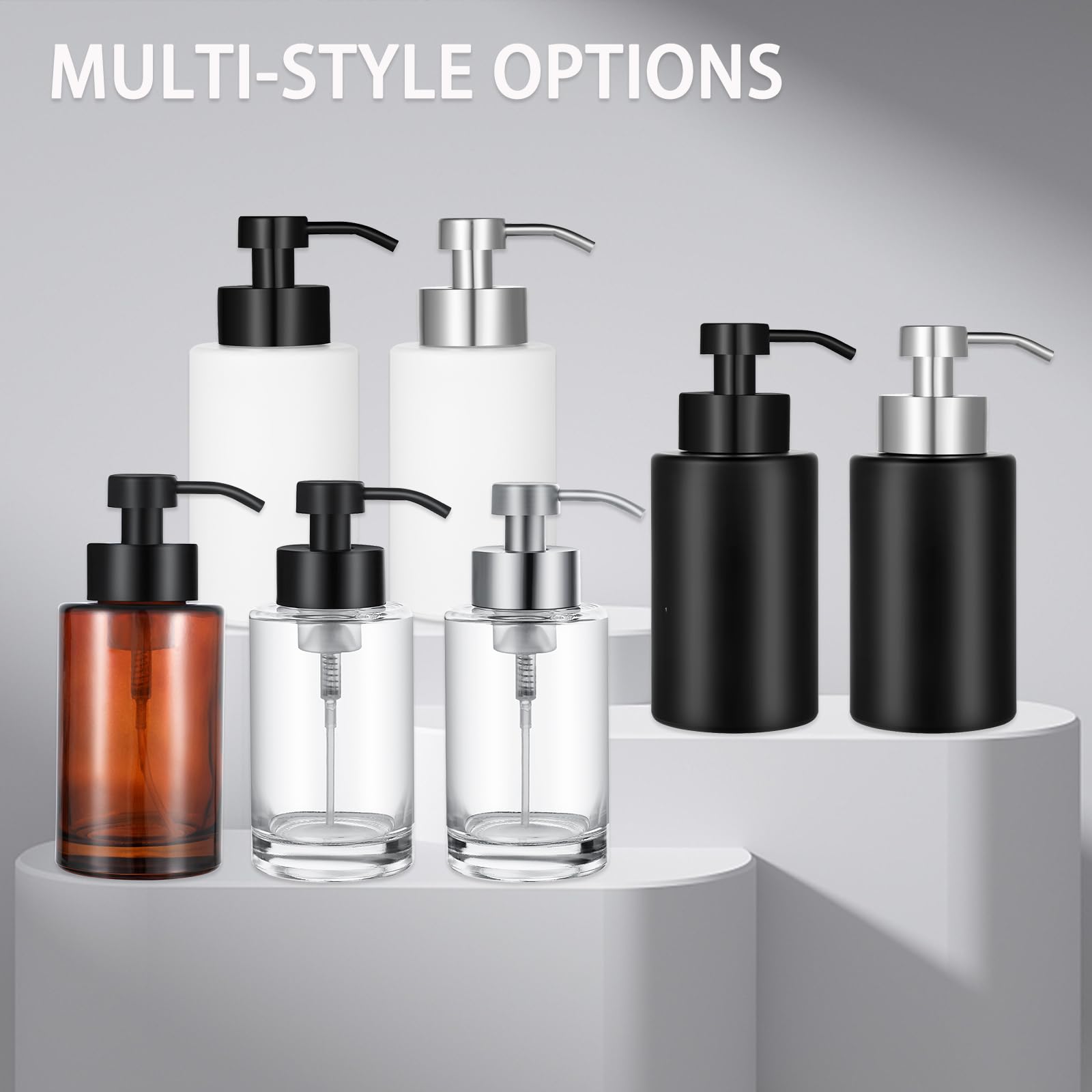Foaming Soap Dispenser Set, 12 Oz Glass Hand Soap Dispenser with 304 Rust Proof Stainless Steel Pump, Waterproof Labels, for Bathroom Decor Kitchen College Dorm, White Silver Pump 2 Pack