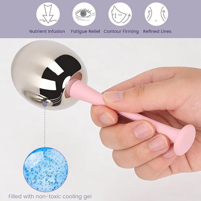 Glomora 2pcs Facial Ice Globes Stainless Steel Facial,Massage Reduce Puffiness Eliminate Fine Lines Ice Globes Cryo Sticks for Skin Care,Targets Dark Circles,Puffiness,Wrinkles (Pink Handle)