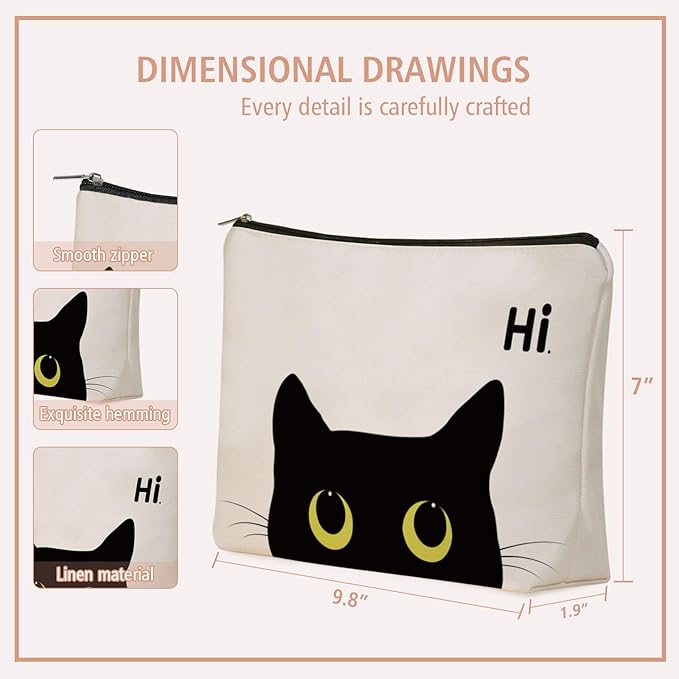 Girlly Black Cat Makeup Bag For Cat Mom Gift: Cute Kitty Cosmetic & Toiletry Pouch For Girls & Womens, Sisters, Friends.Ideal Black Cat Lover Gifts for Travel, Birthday, Christmas.