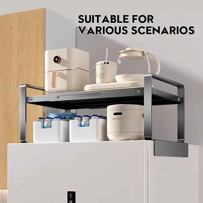 (17-31.5 inches) Adjustable Refrigerator or Washer Top Storage Rack - Expandable Organizer Shelf, L-Shaped Protective Card Slot Design for Kitchen, Laundry Room, Dorm -Durable Metal Space Saver-Large