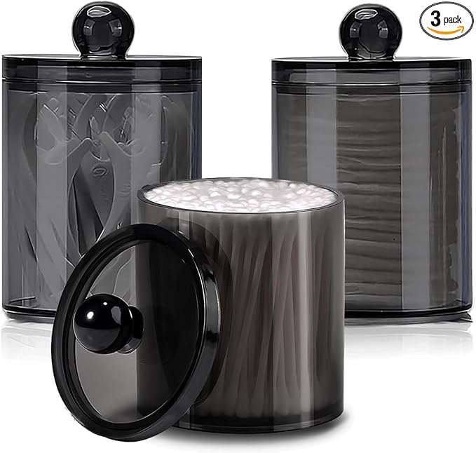 3 Pack Cotton Buds Dispenser, Pad Holder, 10 oz Clear Black Cotton Swab Holder Round Holder, Apothecary Jar Set Bathroom Canister Storage Organization for Ball, Round Pads