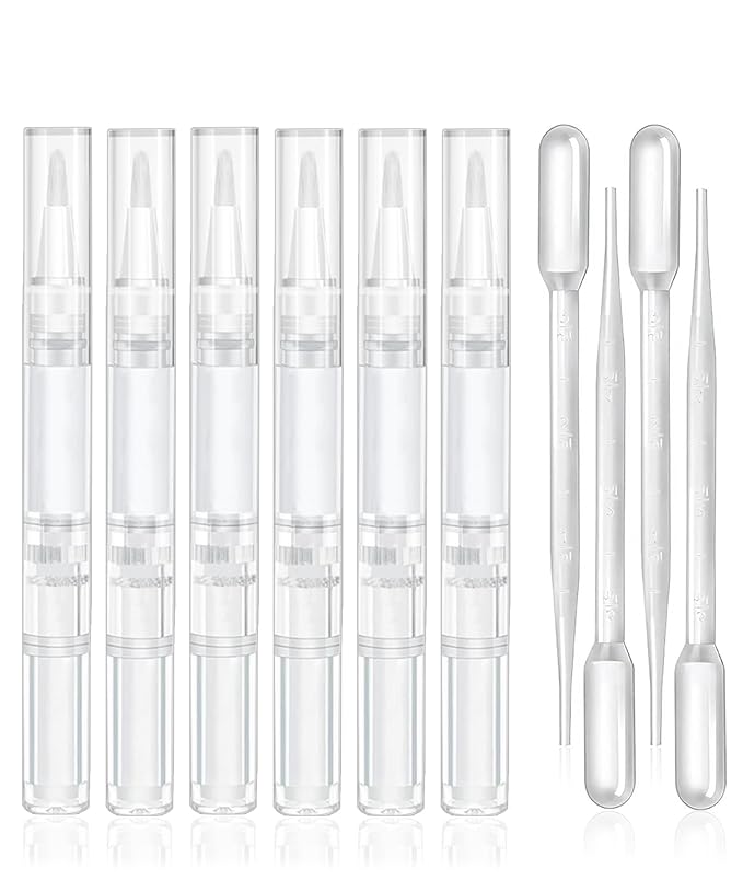 uadbau 6 Pcs 3ml Empty Cuticle Oil Pen with 4 Pcs Transfer Pipettes - Transparent Nail Oil Twist Pens with Brush Tip for Nail Oil, Eyelash Growth Liquid, Cosmetic Lip Gloss Container Applicators