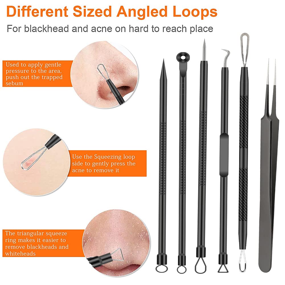 Pimple Popper Tool Kit, 6 Pcs Blackhead Remover Acne Needle Tools Set Removing Treatment Comedone Whitehead Popping Zit for Nose Face Skin Blemish Extractor Tool - Black