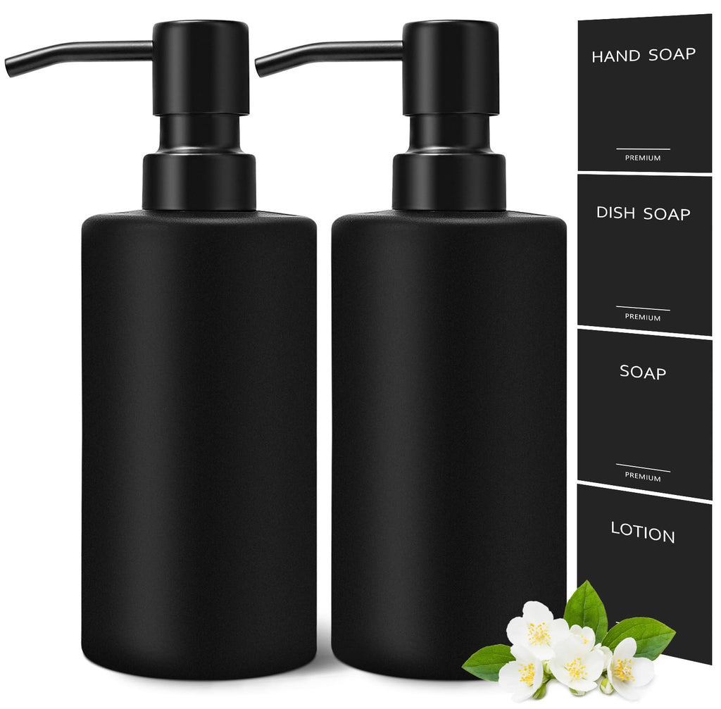 GMISUN Black Soap Dispenser, Hand Soap Dispenser Bathroom, Hand and Dish Dispenser Set for Kitchen, 12 fl oz/350ml Glass Liquid Soap and Lotion Dispensers with Stainless Steel Pump, 2 Pack Refillable