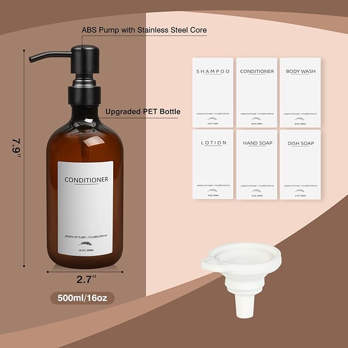 Supforce Shampoo and Conditioner Dispenser, 16.9oz Refillable Shampoo and Conditioner Bottles with Matte Pump and Funnel, Modern Shower Dispenser with Waterproof Labels for Hotel Home Bathroom
