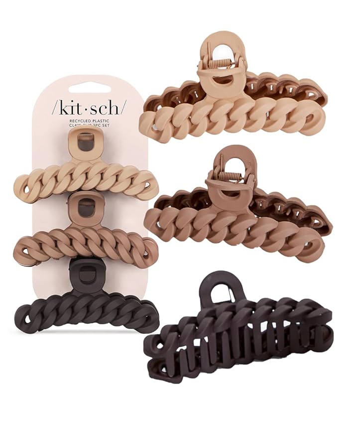 Kitsch Recycled Plastic Large Claw Clip, Big Chain Hair Clips for Women, Big Claw Clips for Thick Hair, (3pc Set Large Neutrals)