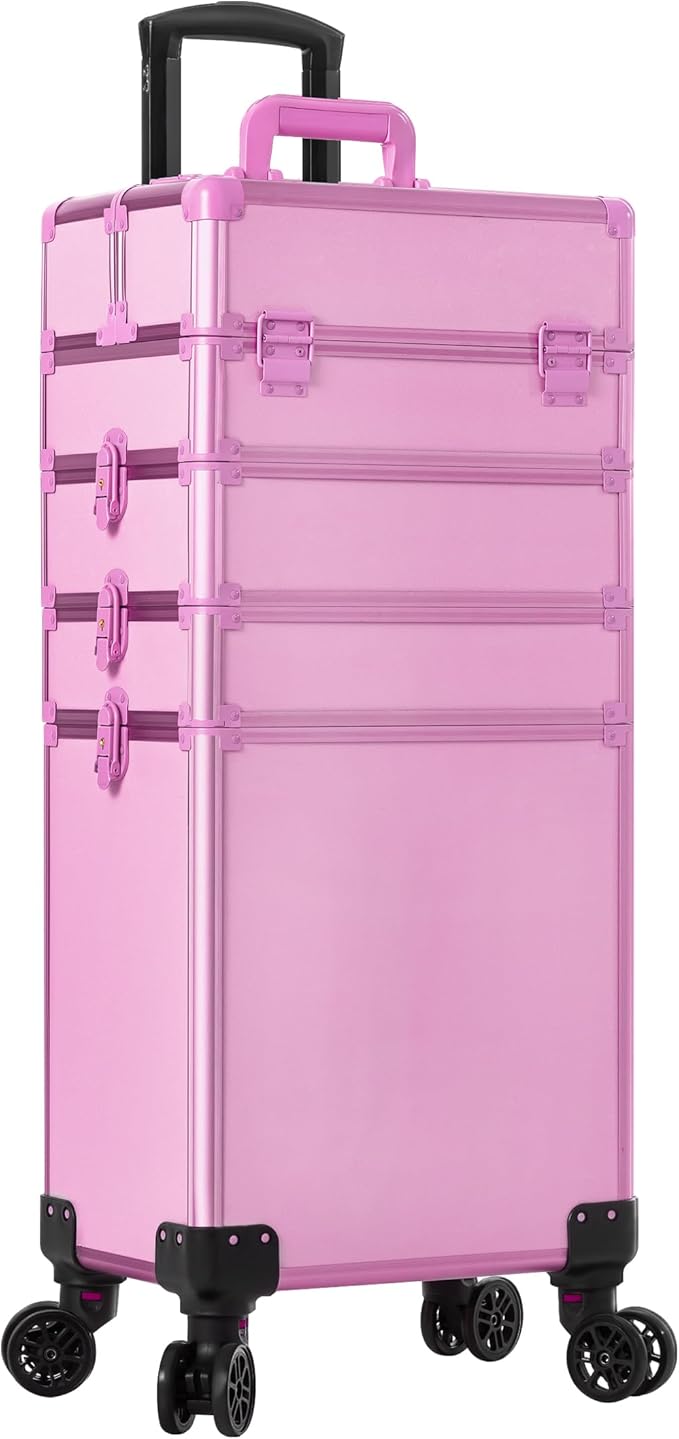 JINGUAN Professional Rolling Makeup Train Case with Lid, 5 in 1 Cosmetology Case on Wheels, Large Cosmetic Trolley Organizer Travel for Hairstylist Artist Nail Beauty Salon Barber, Pink
