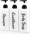 AUMIO 16.9oz Shampoo Conditioner Body Wash Dispenser for Shower, Refillable Printed Soap Bottles with Pump, Empty Plastic Bathroom Dispenser Set for Shampoo, Conditioner & Soap (White, 3 Pack)
