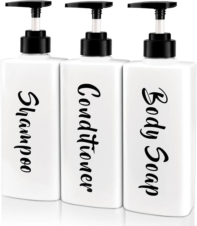 AUMIO 16.9oz Shampoo Conditioner Body Wash Dispenser for Shower, Refillable Printed Soap Bottles with Pump, Empty Plastic Bathroom Dispenser Set for Shampoo, Conditioner & Soap (White, 3 Pack)