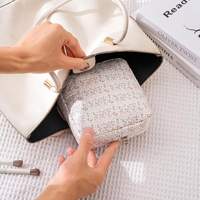 Small Quilted Cotton Makeup Bag for Purse, Cosmetic Bag with Compartments, Cotton Aesthetic Makeup Bag, Travel Toiletry Pouch, Lipstick Bag Card Holder Data Cable Organizer (16Striated Flower)