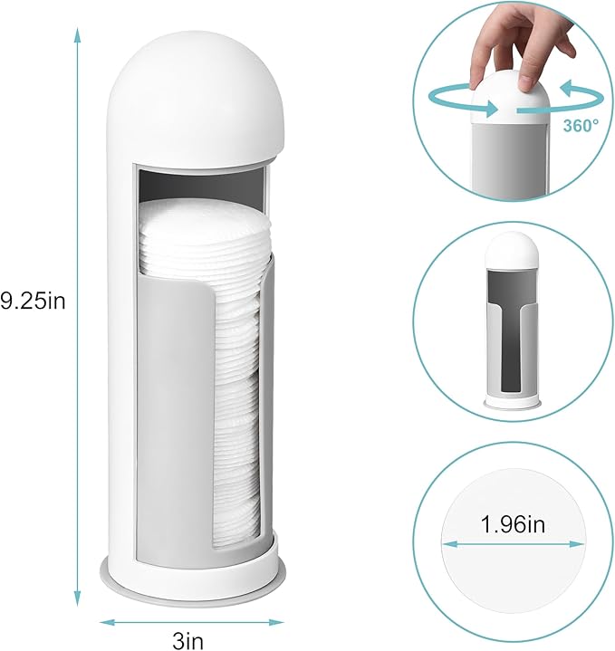 bodkar Cosmetic Cotton Pad Rounds Holder with Rotating Lid, Dust Proof Cotton Pads Dispenser Modern White Plastic Organizer Storage