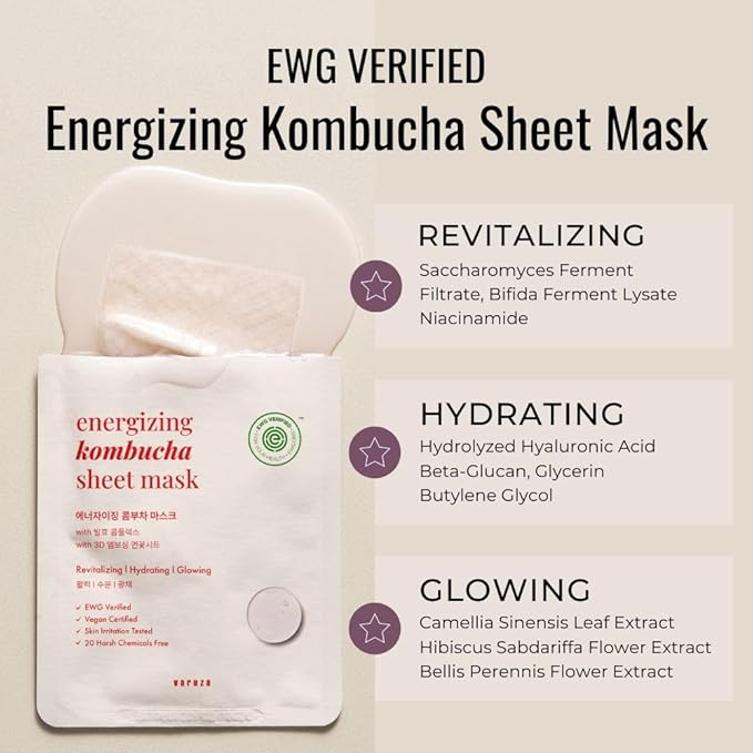 varuza EWG Verified Kombucha Sheet Mask Lyocell 3D Snow Crystal Sheet Fermented Bifida 20 Harsh Chemicals Free Clean & Radiant Skin 5 Count
