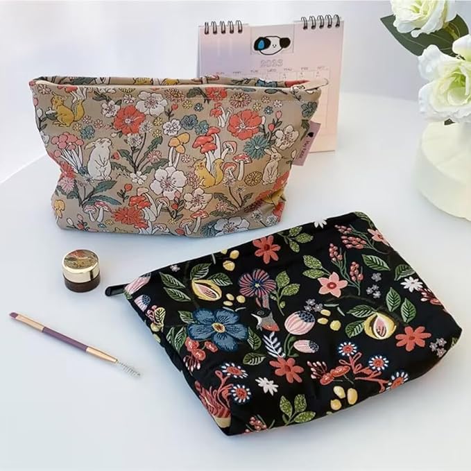 SxoSyo Embroidery Makeup Bag, Floral Cosmetic Bags, Black
