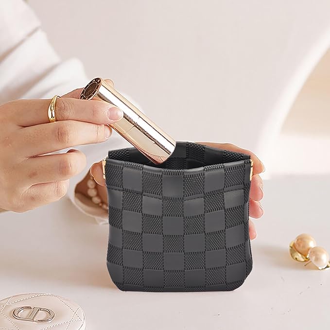 HIGH FIT Leather Pocket Cosmetic Bag for Purse,Coin Purse Lipstick Cosmetic Accessories Organizer, Travel Kit Storage Pouch,Waterproof Portable No Zipper Self-closing (Black/Small)