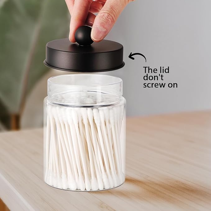 Amolliar Farmhouse Decor Qtip Holder Dispenser for Cotton Swabs,Balls, Cotton Pads, Floss - Clear Plastic Apothecary Jar for Bathroom Canister Storage, Vanity Countertop Makeup Organizer-Bronze (4)