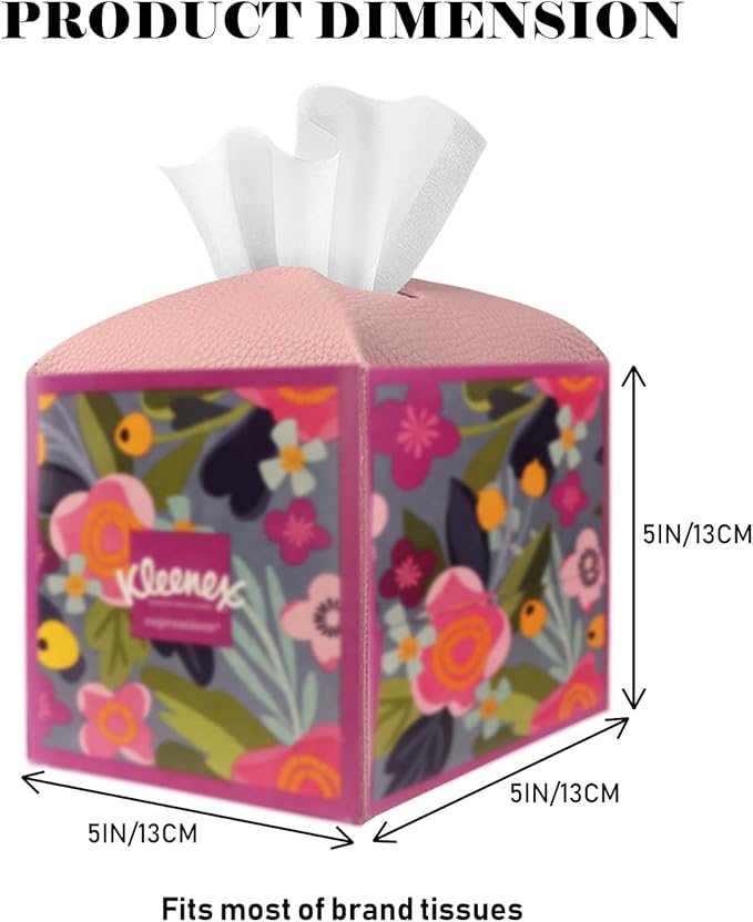 Tissue Box Cover Holder Square Tissue Cube Cover PU Leather Tissue Organizer with Bottom Belt for Bathroom, Tabletop, Car, Night Stands, Office, Home, Kitchen (2, PrettyPink)