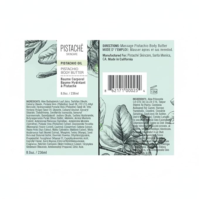 Pistaché Skincare Pistachio Oil Whipped Body Butter Cream | Rich Moisturizer for Dry Skin with Vitamin E & Antioxidant Protection | The Boyfriend Body Butter, 8 oz