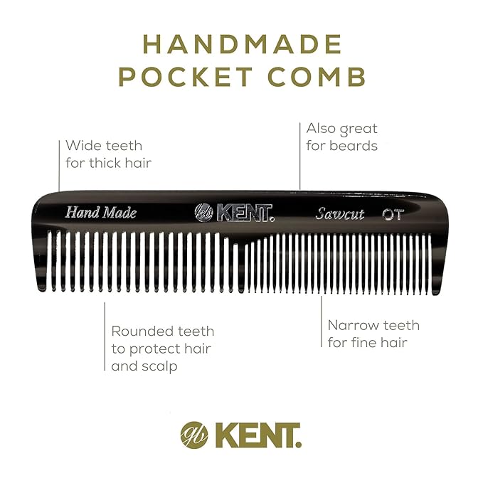 Kent OT Black Graphite Pocket Comb - Handmade Fine and Wide Tooth Hair Comb for Men, Women, and Kids - Travel, Beard, and Mustache Comb - Saw Cut and Hand Polished Made in England