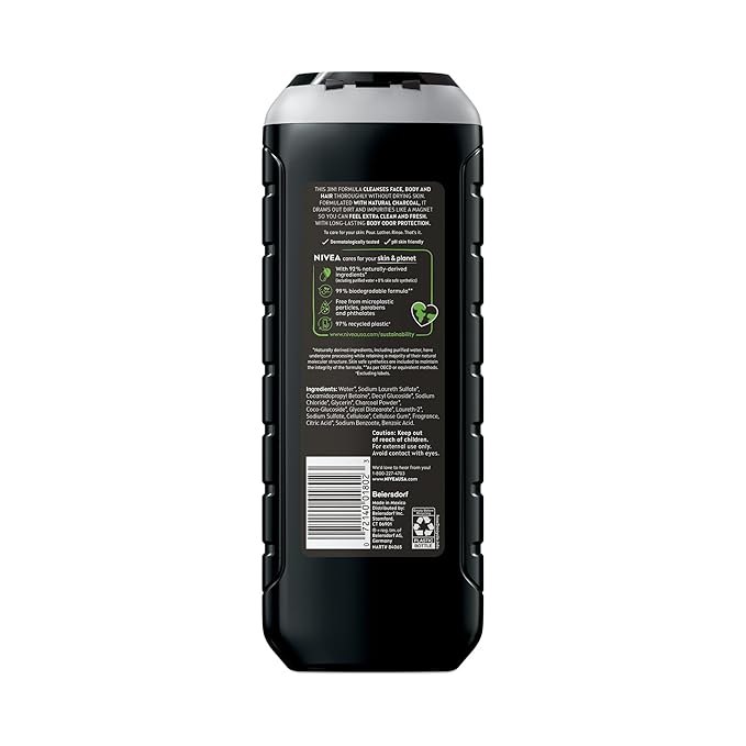 NIVEA MEN Real Madrid Limited Edition Design Active Clean Body Wash with Natural Charcoal for Normal to Oily Skin, 3-in-1 Charcoal Body Wash, Face and Hair, 16.9 Fl Oz Bottle, Pack of 3