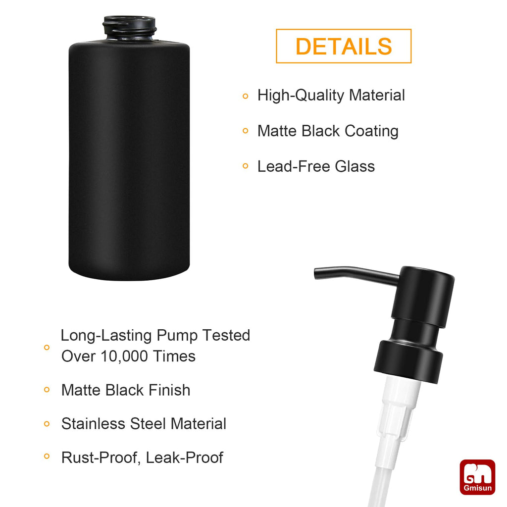GMISUN Black Soap Dispenser, Hand Soap Dispenser Bathroom, Hand and Dish Dispenser Set for Kitchen, 12 fl oz/350ml Glass Liquid Soap and Lotion Dispensers with Stainless Steel Pump, 2 Pack Refillable