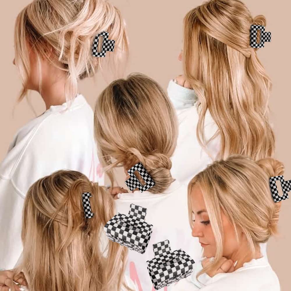 Ahoney 4 Pack Checkered Hair Claw Clips for Thin Hair Y2k Hair Accessories 2" Small Hair Clips for Thick Hair Cute Hair Clips for Women Girls