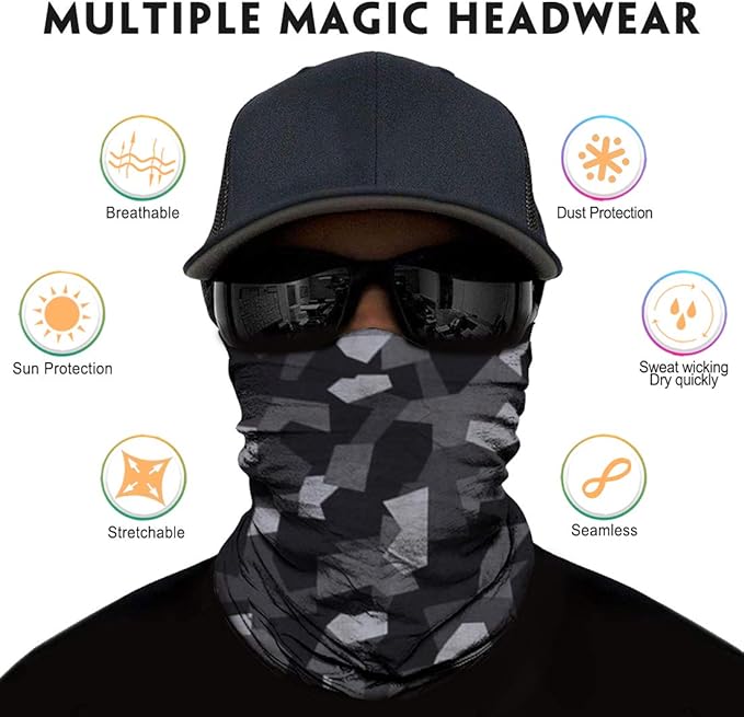 Neck Gaiter Mask, Sun Mask, Rave Bandana Face Mask, Seamless Face Scarf, Headband for Men Women (A-Black Series 3)