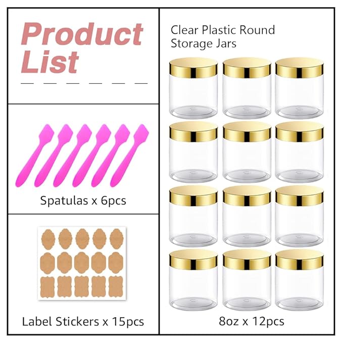 12 Pack 8 oz Plastic Cosmetic Containers With Silver Lids Refillable Clear Empty Travle Jars Containers for Body Butter,Sugar Scrubs,Cream,Lotions,Candy, Label&Spatulas