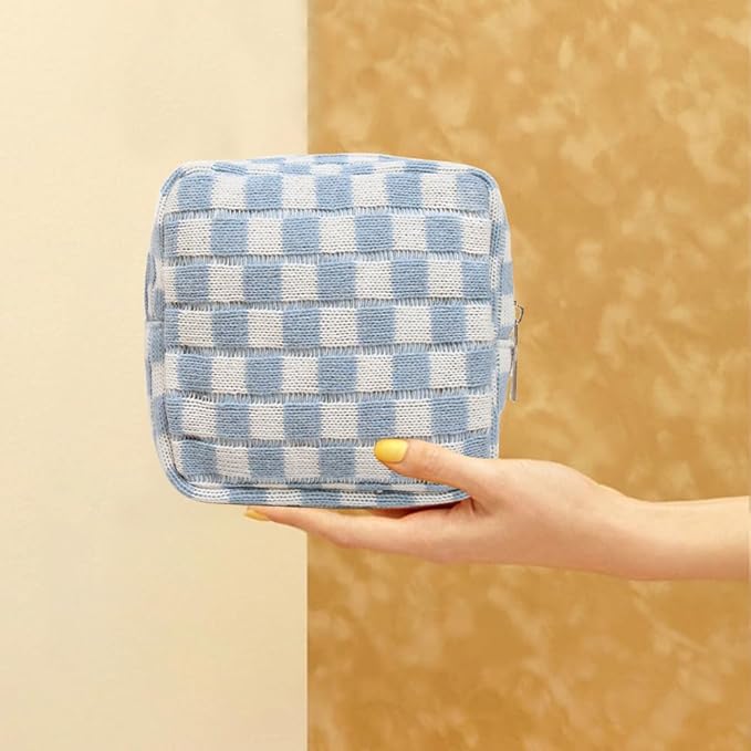 Small Blue Makeup Bag for Purse, Mini Checkered Cosmetic Bag Zipper Cute Make Up Pouch Travel Toiletry Case Quilted Aesthetic Accessories Makeup Storage Bag Organizer for Women