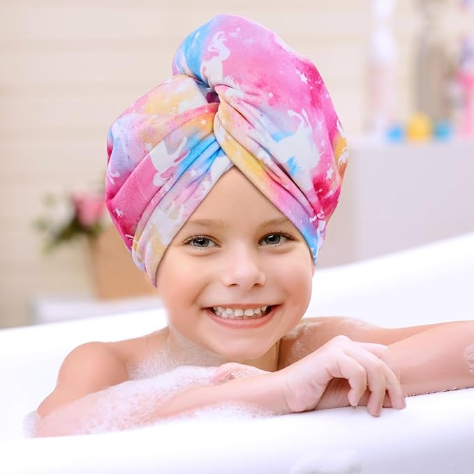 WAWSAM 2 Pack Kids Hair Drying Towel Wrap - Microfiber Hair Towel for Girls, Quick Dry Hair Cap with Button & Elastic Loop(Pink&Blue)