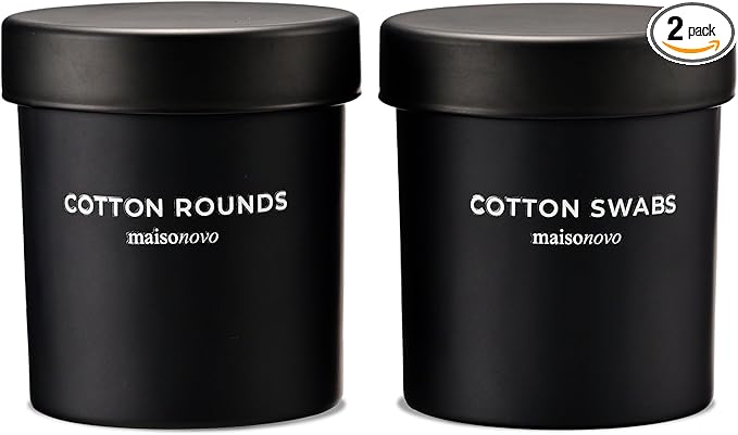 MaisoNovo Qtip Holder Bathroom Set – Airtight Glass Qtip Holder with Lid to Store Q Tips, Cotton Rounds, Cotton Balls, Floss Picks, Hair Ties with free labels pack - 2 Black Jars with Glass Lids