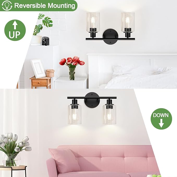 Zarbitta 2-Light Bathroom Light Fixtures, Black Modern Vanity Lights with Clear Glass Shade, Bathroom Wall Lamp for Mirror Kitchen Living Room Hallway Cabinet Porch